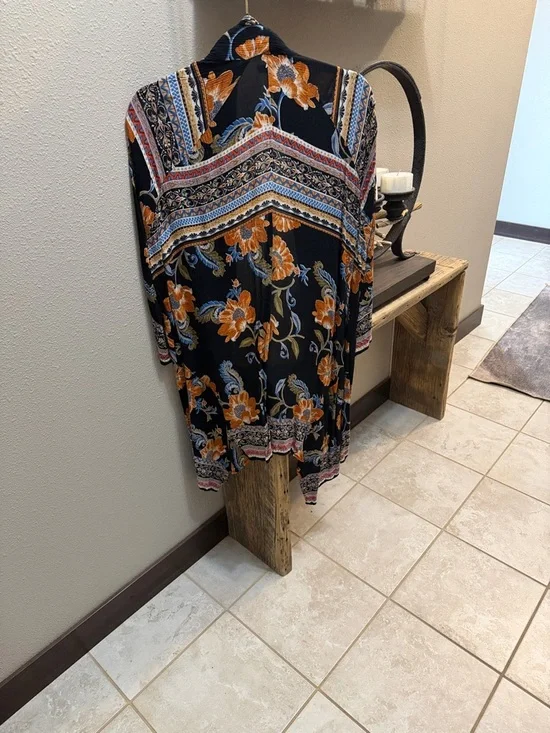 Black Floral Kimono Cover-Up with Orange Blooms - Picture 2 of 3